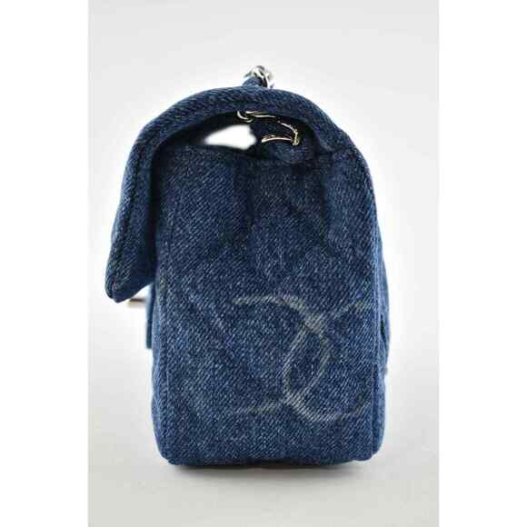 Chanel 20B Blue Denim Mini Square CC Logo Quilted Silver Chain Crossbody Bag - Picture 8 of 12
